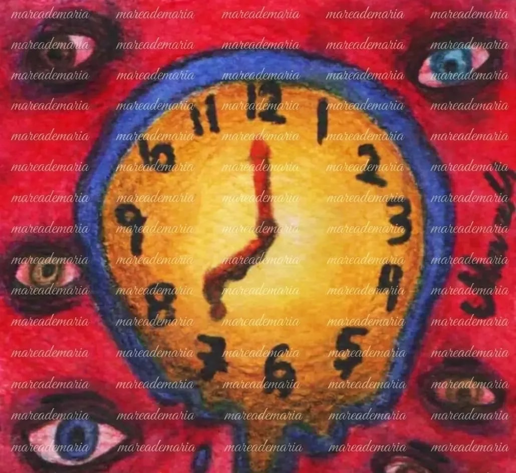 Pintura de un reloj rodeado de ojos